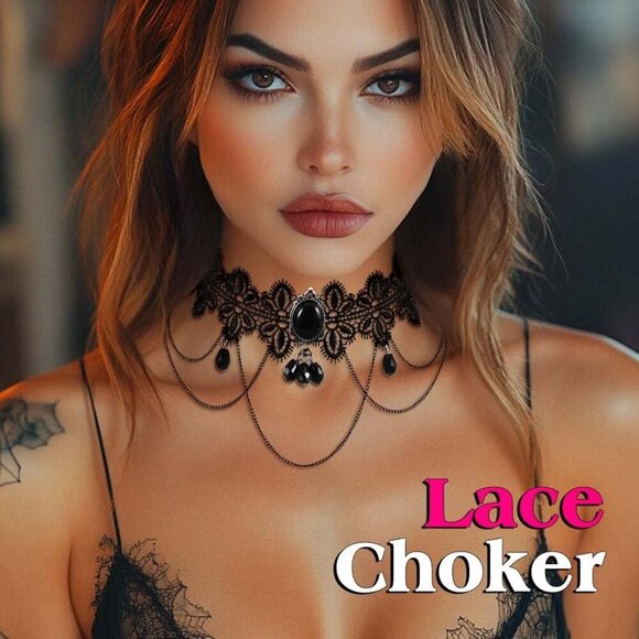 Stunning Black Lace Choker Necklace: Gothic Beaded Design for All Occasions - Picture 5 of 6